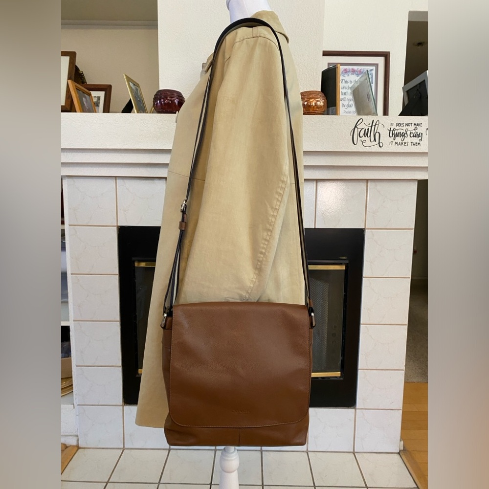 COACH Flap Bag, Medium, Canvas Strap, Silver Hardware, Brown Soft Leather